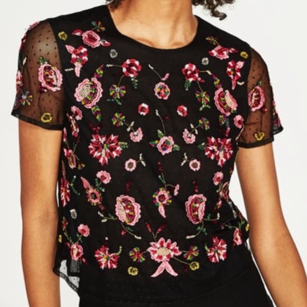 ZARA black embroidered tulle top